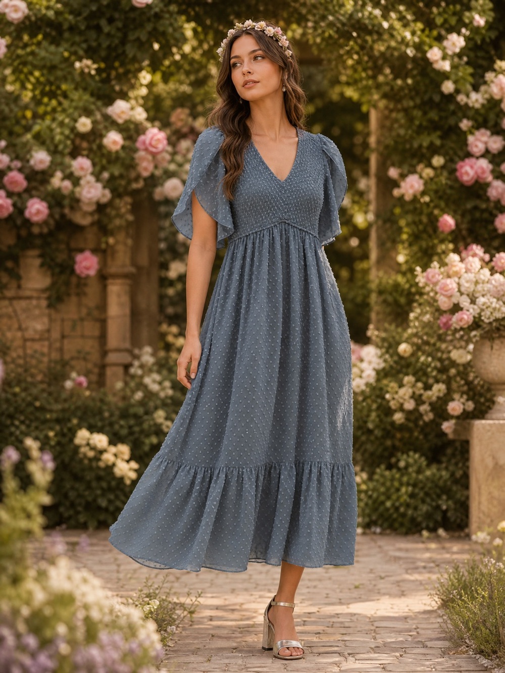 Boho Smocked Maxi Dress in Teal Blue - Picture 2 of 4
